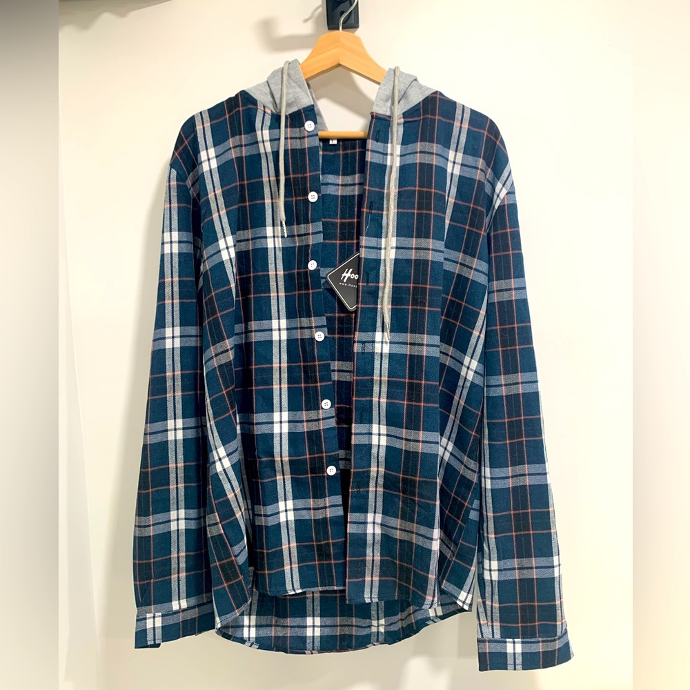 Hoooyi Men’s button up Plaid Flannel Hooded Overshirt (L)